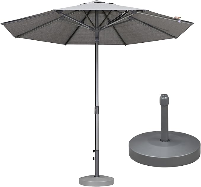 PURPLE LEAF 9 FT Semi-Auto Outdoor Patio Umbrella with Base Market Table Sun Umbrellas with 8 Aluminum Sturdy Ribs for Backyard Deck Garden Pool (Gray Pole Beige Canopy)