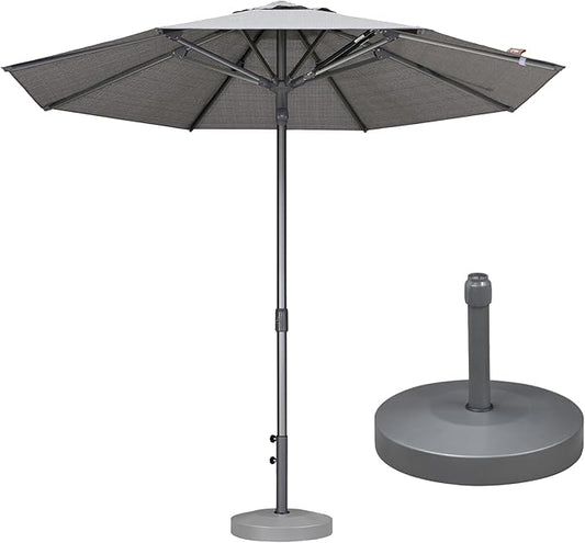 PURPLE LEAF 9 FT Semi-Auto Outdoor Patio Umbrella with Base Market Table Sun Umbrellas with 8 Aluminum Sturdy Ribs for Backyard Deck Garden Pool (Gray Pole Beige Canopy)