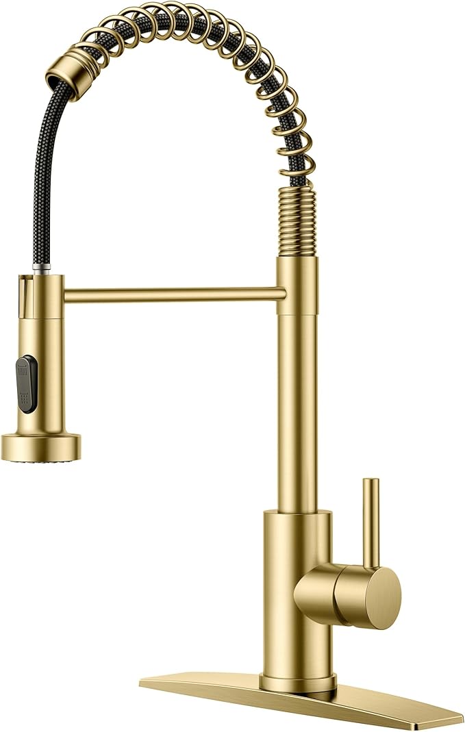 FORIOUS Gold Kitchen Faucet with Pull Down Sprayer, Stainless Steel Commercial Single Handle Classic Spring Pull Out Sink Faucet for Pot Filler, Farmhouse Camper Bar Laundry Room