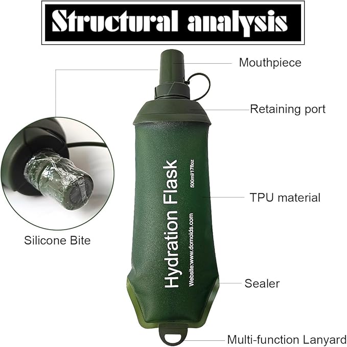 Green Soft Flask, TPU Foldable Running Hydration Flask, for Hydration Packs/Running Vests-Running, Hiking, Cycling Folding Bottle-17 oz (500 ml)