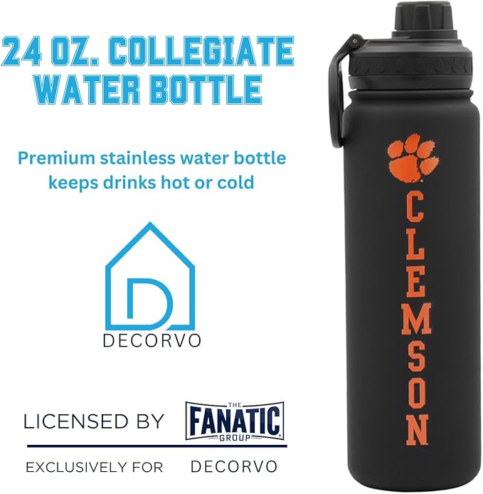 Clemson University Water Bottle - Black Double Walled Stainless Steel 24 oz Keeps Drinks Cold or Hot