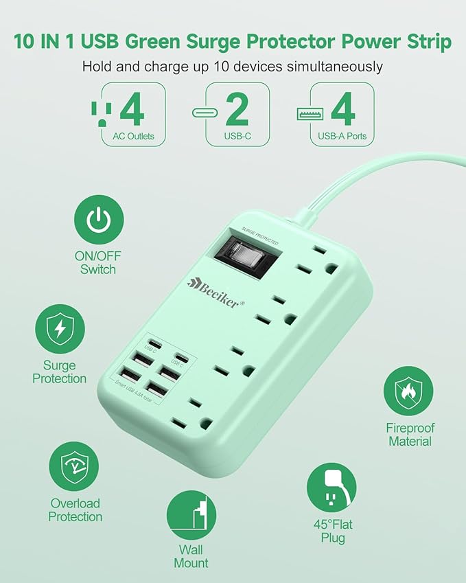 6 USB Green Travel Power Strip- 5Ft Green Extension Cord with 4.8A 2 USB C Charging Station and 4 Outlets, Cute Desk Accessories with Switch for Kawaii Pink Home Office College Dorm Room 24W