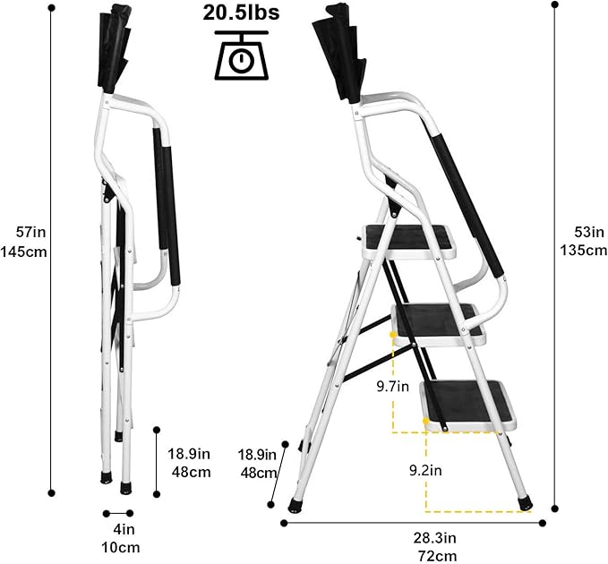 WiberWi 3 Step Ladder with Handrails 500 lb Capacity Step Stool Folding Ladders for Home Kitchen Steel Frame with Safety Side Handrails Non-Slip Wide Pedal Stepladder with Attachable Tool Bag
