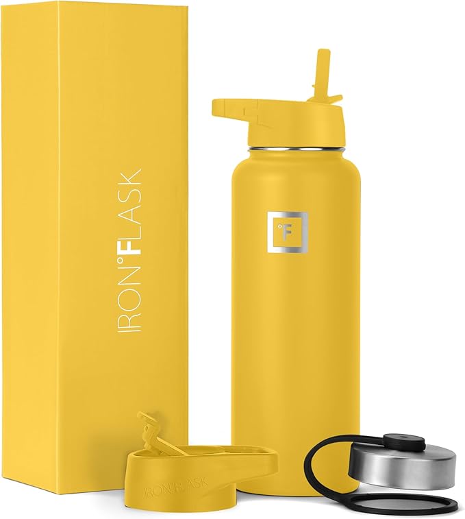 IRON °FLASK Sports Water Bottle - Wide Mouth with 3 Spout Lids - Stainless Steel Gym & Outdoor Bottles for Men, Women & Kids - Double Walled, Insulated Thermos, Metal Canteen - Honey Yellow, 40 Oz