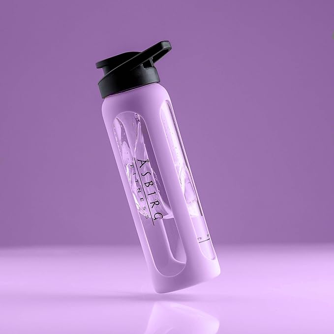 Fitness | Protein Shaker Made of Glass | Protein Shaker | Drinking Bottle | with Spiral Ball | Black (pastel purple)
