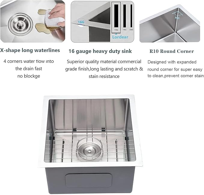 Lordear 19 Inch Undermount Kitchen Sink 19" x 18" Undermount Sink 16 Gauge Stainless Steel Deep Single Bowl Ledge Kitchen Sink
