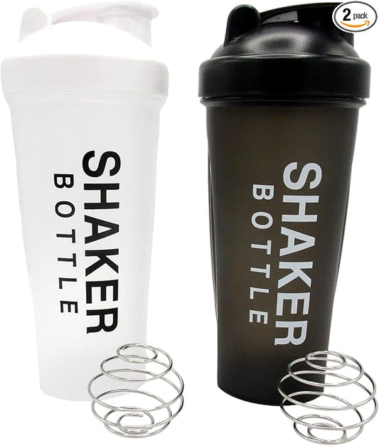 2 Pack Nutritional Protein Shaker Bottles 20oz Mixing Cups BPA Free Mix & Drink Shakes Smoothies Water More (WhiteBlack)(21003-C300)