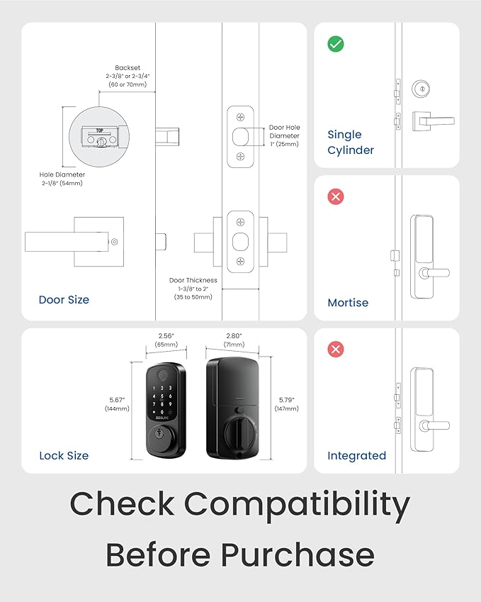 DESLOC Smart Door Lock B200, Smart Deadbolt Lock, Keyless Entry Door Lock, Fingerprint Smart Lock, Smart Locks for Front Door, App Control, Touchscreen Keypad Deadbolts,12-Month Battery, Matte Black