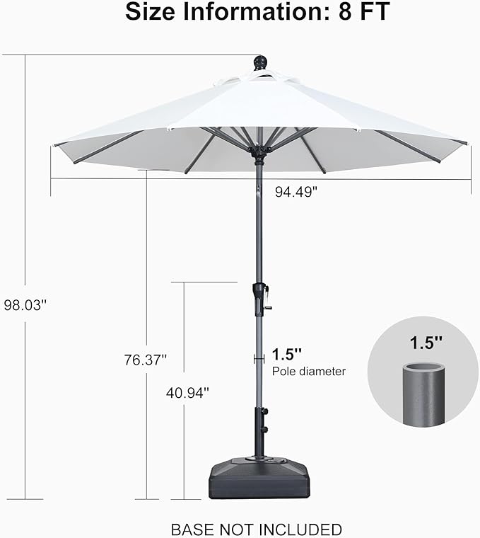 PURPLE LEAF 8' Round Patio Umbrella Outdoor Table Umbrella Aluminum Frame Market Umbrella Sun Umbrella with 8 Sturdy Ribs Tilt for Garden Deck Lawn Pool White