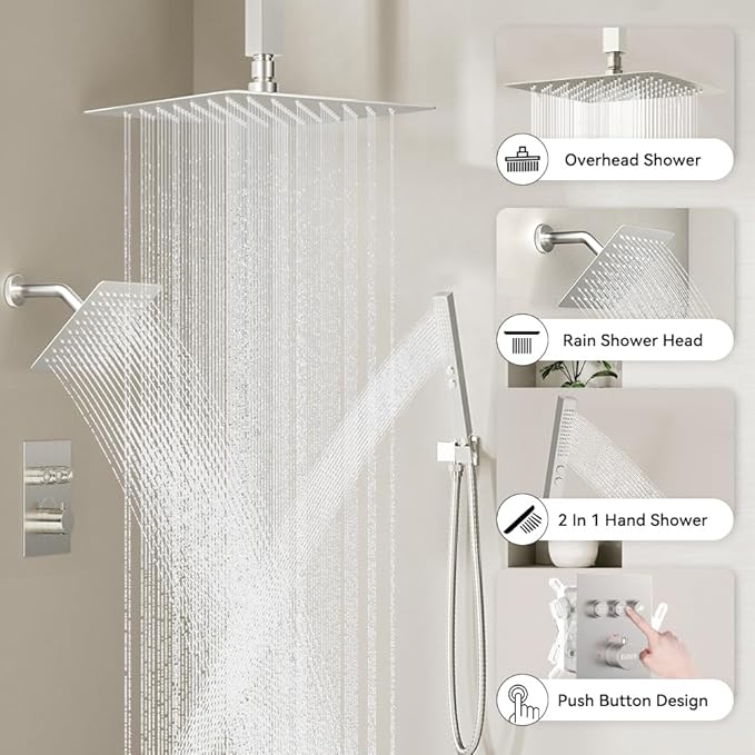 Shower Faucets Sets Brushed Nickel Shower System,10" Ceiling Rainfall Shower and 6" Wall Mount with 2 in 1 Handhled, Can Use All at Once, Thermostatic Shower Set with Valve and Trim Kit