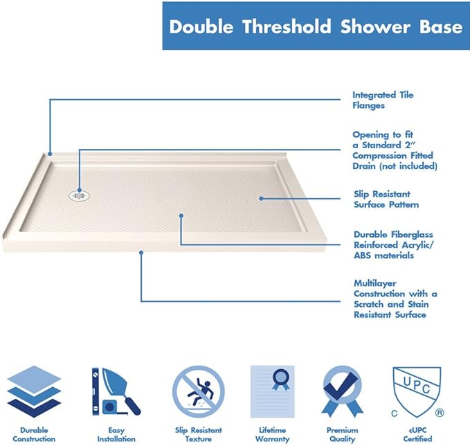 DreamLine SlimLine 36 in. D x 60 in. W x 2 3/4 in. H Left Drain Double Threshold Shower Base in Biscuit, DLT-1036601-22