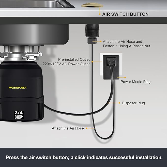 Garbage Disposal Air Switch Kit, Sink Button Food Waste Disposals Part On/Off Air Button Stainless Steel Polished (Golden Brass Brushed, LONG/3.6")