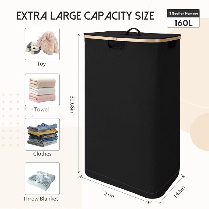 160L Laundry Sorter Hamper with Lid, 3 Section Extra Large Dirty Clothes Basket with Handles, 3 Removable Liner Bags & Labels, Black