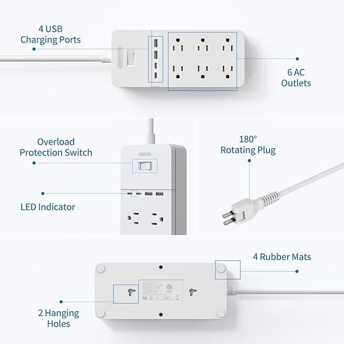 NTONPOWER 2 Prong Power Strip with 10ft Extension Cord, 2100J Surge Protector 1875W with 6 Outlets 4 USB Ports (2 USB C), 3 Prong Outlet Adapter, Wall Mount for Non-Grounded Plug, Ideal for Old House