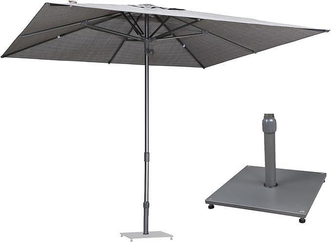 PURPLE LEAF 10 X 10 FT Semi-Auto Outdoor Patio Umbrella with Base Market Table Sun Umbrellas with 8 Aluminum Sturdy Ribs for Backyard Deck Garden Pool (Gray Pole Gray Canopy)