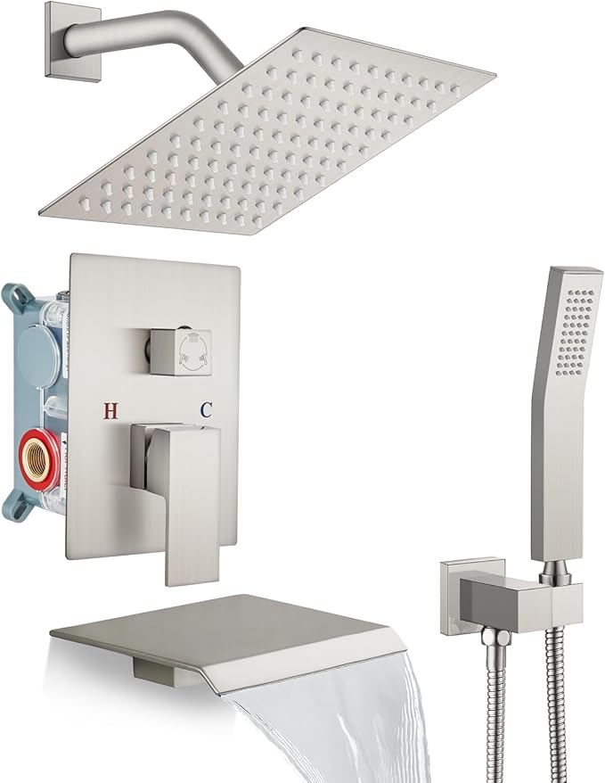 gotonovo Rain Shower Faucet System Set Rainfall Shower Head with Handheld Sprayer Waterfall Tub Spout Wall Mounted Mixer Combo Rough-in Valve and Trim Included 8 Inch Showerhead Brushed Nickel