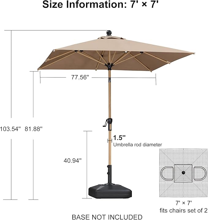PURPLE LEAF 6.5' x 6.5' Square Patio Umbrella Market Umbrella Aluminum Outdoor Table Umbrella with Push Button Tilt & 8 Sturdy Ribs and Crank Commercial Sun Umbrella for Pool Backyard Deck, Taupe