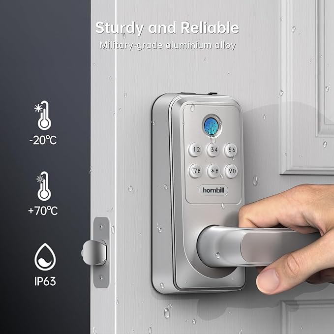 Smart WiFi Door Lock with Handle: Hornbill Keyless Entry with Remote Unlock Code Keypad Fingerprint Auto Lock - Electronic Bluetooth Digital Lever Front Interior Door Lock