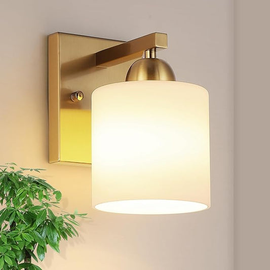 Gold Milk Glass Wall Sconces, 1 Pack Hardwired Indoor Wall Light Fixtures for Living Room, Hallway, Bedroom, Ceramic E26 Sockets (Bulbs Not Included)