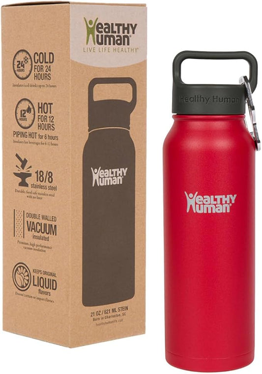 Healthy Human Stainless Steel Water Bottle | Double Walled Vacuum Insulated Water Thermos for Adults | Eco-Friendly Travel Bottles with Leak Proof Lid (Red Hot, 21 oz/ 621 ML)