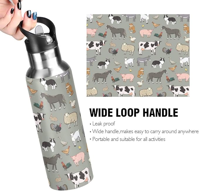 Farm Animals Pattern Stainless Steel Water Bottle with Straw, BPA Free Reusable Leakproof Water Jug for Fitness Camping Outdoor Sports