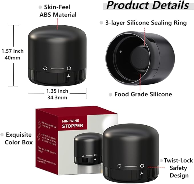 Wine Bottle Stopper - Twist-Lock Safety Design, Reusable, Compact and Portable, Effective Sealing and Freshness Preservation, Suitable for Gifts & Parties/Gatherings, Black