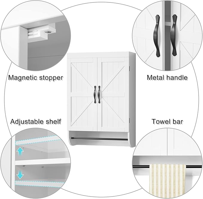 SRIWATANA Bathroom Storage Wall Cabinet Over The Toilet with Adjustable Shelf, Space Saver 2-Door Medicine Cabinet with Metal Bar, White