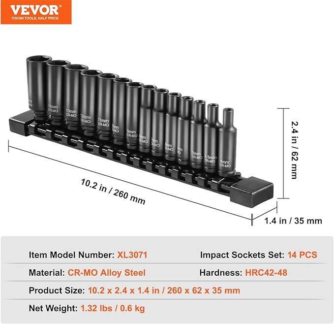 VEVOR 1/4" Drive Impact Socket Set, 14 Piece Deep Socket Set Metric 4-15mm, 6 Point Cr-Mo Alloy Steel for Auto Repair, Easy-to-Read Size Markings, Rugged Construction, Socket Organizer