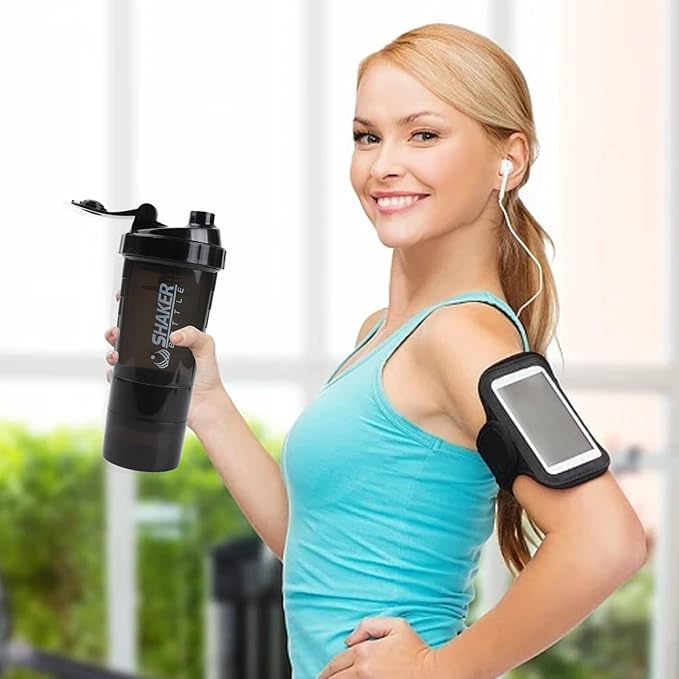 Shaker Bottle - Protein Shaker Cup with Storage Compartments - Leak-proof Workout Shake Bottles with Mixer for Smooth Mixing-500ML/16oz (PURE BLACK)