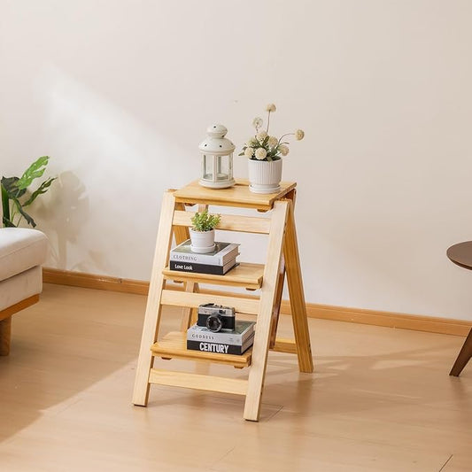 Wooden Step Stool, Foldable 3 Step Ladder, Solid Wood Ladder Stool for for Home, Kitchen & Garden Nature