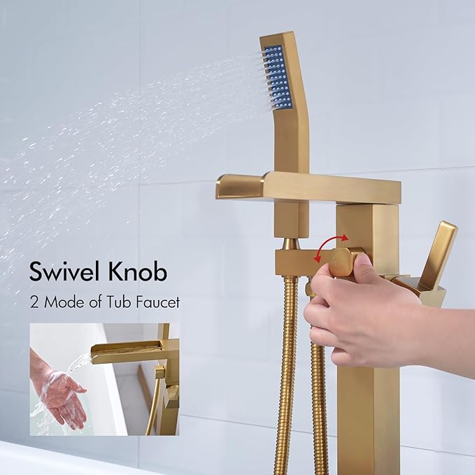 BAGNOLUX Solid Brass Floor Mount Bathtub Faucet Free Standing Tub Faucet Freestanding Tub Filler Brushed Brass High Flow Rate Swivel Spout with Hand Shower, YGSLT-Waterfall Brushed Gold