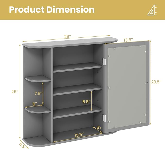 Tangkula Bathroom Medicine Cabinet with Mirror, Wall Mounted Home Storage with Door & 6 Open Shelves, Adjustable Shelves, Mirrored Bathroom Wall Cabinet (Gray)