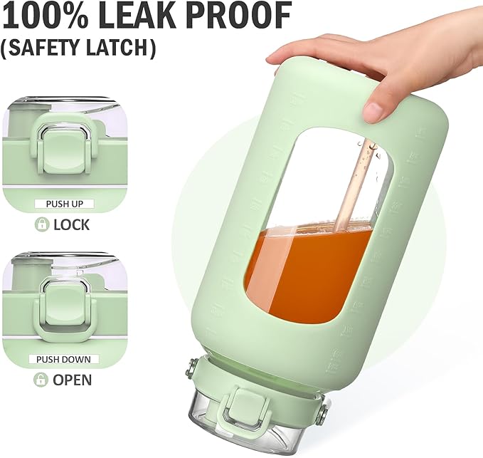 84oz Glass Water Bottle with Stainless Steel Handle,2.5L Gallon Water Bottle With 2-IN-1 Straw Lid, Silicone Sleeve and Motivational Capacity Marker, Wide Mouth Water Jug For Gym, Workout, Green