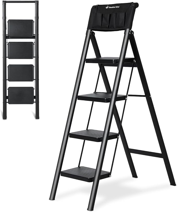 Double Elite Step Ladder 4 Step Folding with Handgrip, Safer 330 Lbs Load Folding Step Stool, Convenient Small Step Ladder with Tool Bag, Sturdy Ladders for Adults with Wide Pedals, Black