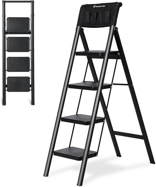 Double Elite Step Ladder 4 Step Folding with Handgrip, Safer 330 Lbs Load Folding Step Stool, Convenient Small Step Ladder with Tool Bag, Sturdy Ladders for Adults with Wide Pedals, Black