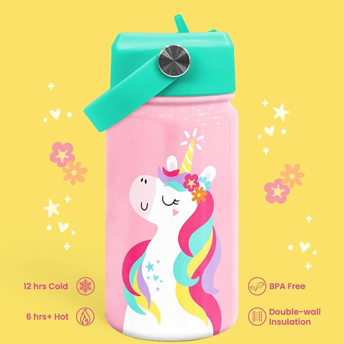 Unicorn Water Bottle - Kids Water Bottle with Straw Lid - 12 Oz Insulated Stainless Steel Water Bottles for Toddlers Kid Girls - Travel Cup for School Sports