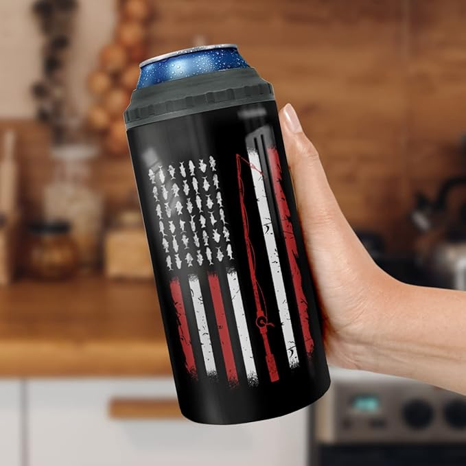 winorax Fishing Gifts For Men Reel Cool Dad Tumbler Can Cooler 4-in-1 America Flag Stainless Steel 16oz Travel Cup Father's Day Birthday Gifts for Dad Fisherman Husband from Son Daughter Wife