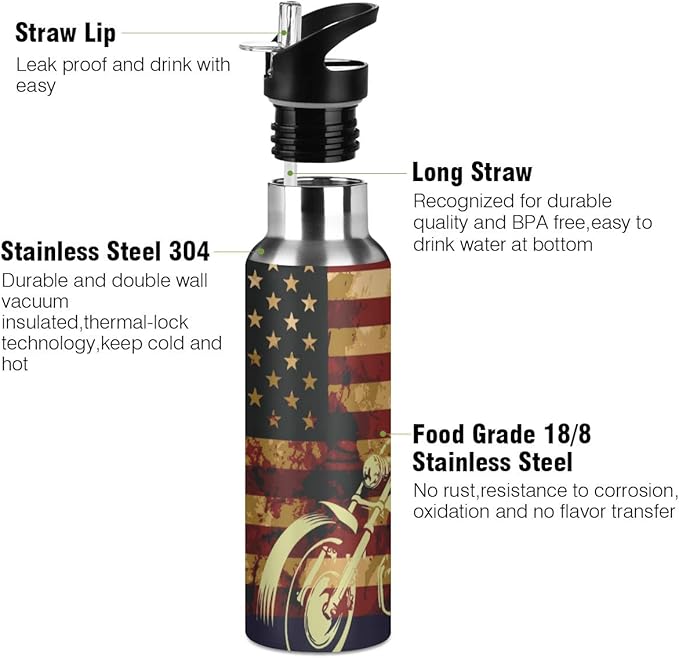 Skull Motorcycle American Flag Water Bottle - Reusable Water Bottle for Gym Bike Running Cycling 600 Milliliter 22 Ounce Stainless Steel Sports Water Bottle