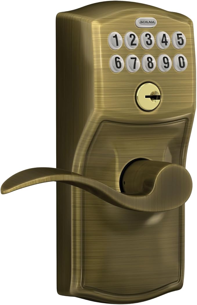 SCHLAGE FE595 CAM 609 ACC Camelot Keypad Entry with Flex-Lock and Accent Levers, Antique Brass