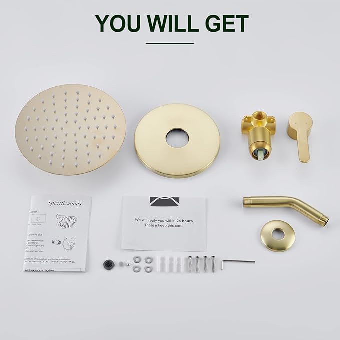 Shower Faucet, Gold Shower Faucet Set with 8-Inch Rainfall Showerhead, Single-Handle Shower-Trim Kit Included Valve, Brushed Gold