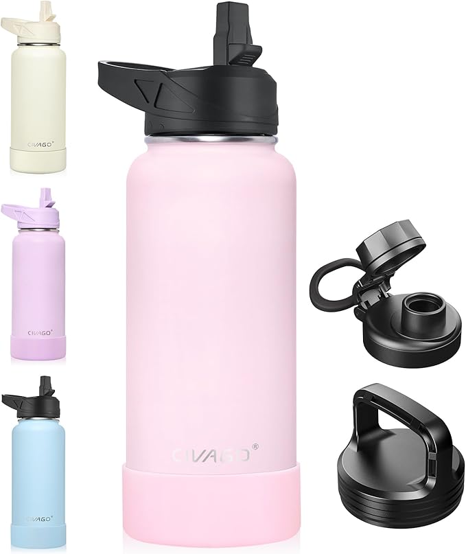 CIVAGO 32 oz Insulated Water Bottle With Straw, Stainless Steel Sports Water Cup Flask with 3 Lids (Straw, Spout and Handle Lid), Wide Mouth Travel Thermal Mug, Blush