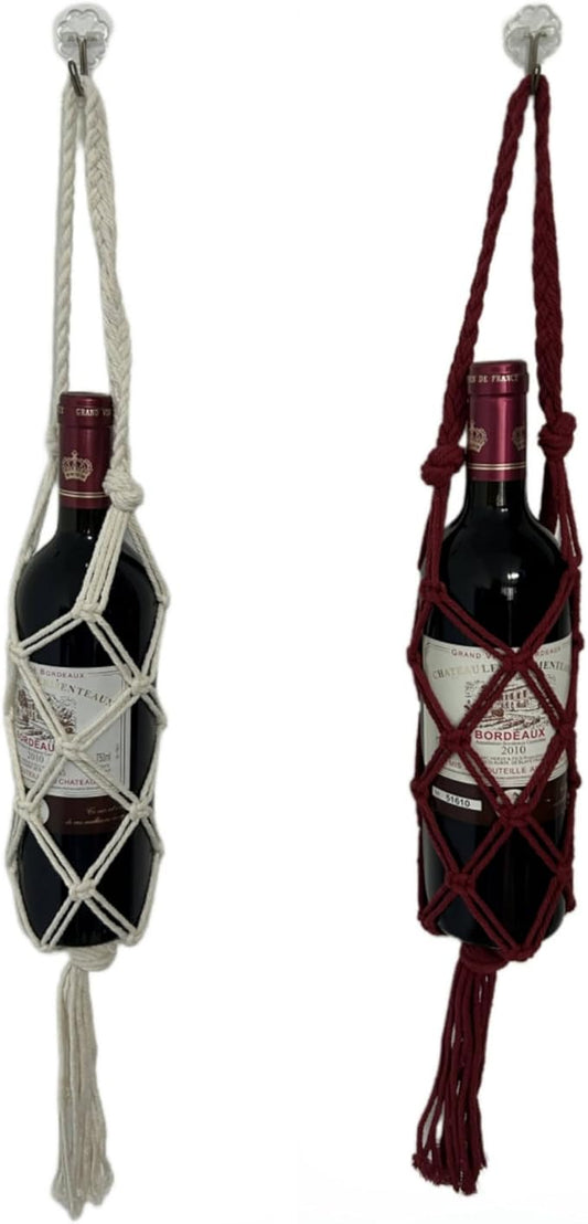 Hand-woven wine storage bag, Bohemian wine hanging bag, Bottle bag, Tote bag, 26 inch (Wine Storage Bag White + Red)