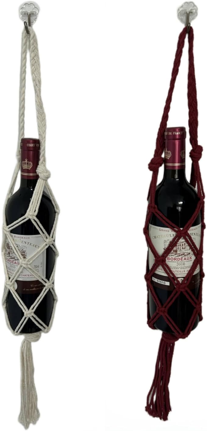 Hand-woven wine storage bag, Bohemian wine hanging bag, Bottle bag, Tote bag, 26 inch (Wine Storage Bag White + Red)
