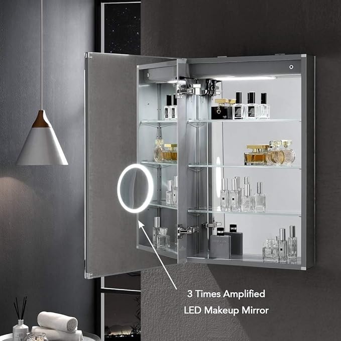 Blossom LED Lighted Mirror Medicine Cabinet, 24x32 Inch, Left Hinge | Recessed or Surface Bathroom LED Medicine Cabinet with Mirror, Defogger, 3 Color Dimmer | 3X Makeup Mirror, Outlets & USB Ports
