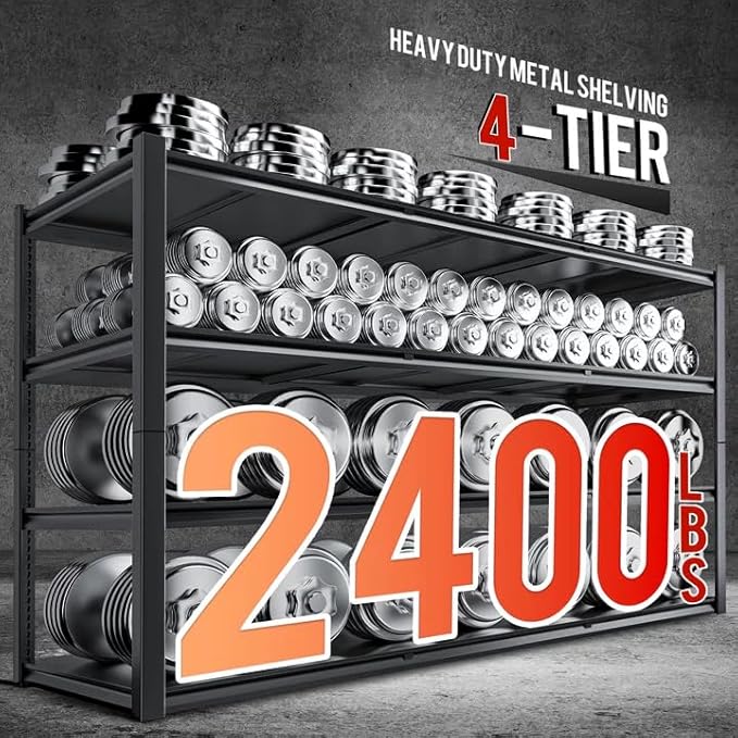 59.8" W x 59.8" H x 24.2" D Storage Shelves Metal Shelving, 2400LBS Garage Shelving Unit with Adjustable Shelf, 4 Tier Storage Rack for Garage, Pantry, Warehouse, Basement, Black