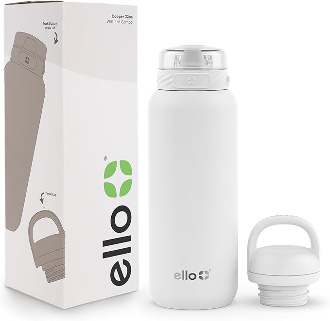 Ello Cooper 32oz Stainless Steel Water Bottle with 2 Lids Chug and Straw | Leak Proof | Double Walled and Vacuum Insulated | Built in Carry Loop | Dishwasher Safe | White