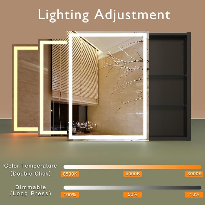 KWW LED Lighted Bathroom Medicine Cabinet with Sockets & USBs, Defogger, Dimmable, 3 Color Light Makeup Mirror, Easy to Install, Wall Mounted Cabinet (29.5 * 28)