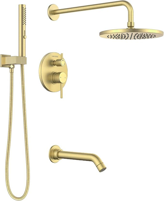 Lava Odoro Modern 3-Setting Round Rain Bathtub and Shower Faucet Set, Gold Rainfall Shower Head and Handle Set, Rain Shower System with Tub Spout, Shower Valve Trim Kit, Brushed Gold, SF104-SG-T