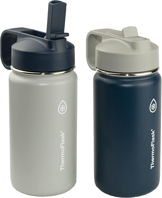 ThermoFlask 14 oz Double Wall Vacuum Insulated Stainless Steel 2-Pack of Water Bottles, Harbor Grey/Denim