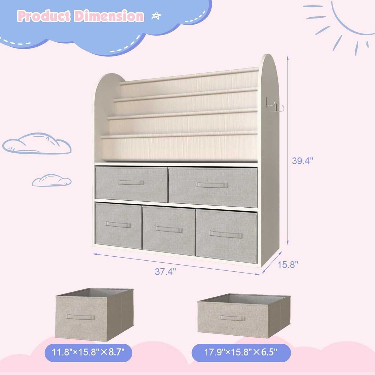 NACHES Kids Bookshelf and Toy Storage Bins, Children Bookcase Toddler Book Display Cabinet with 5 Toy Organizer Boxes for Playroom,Reading Room,Toddler Room,Nursery,Classroom